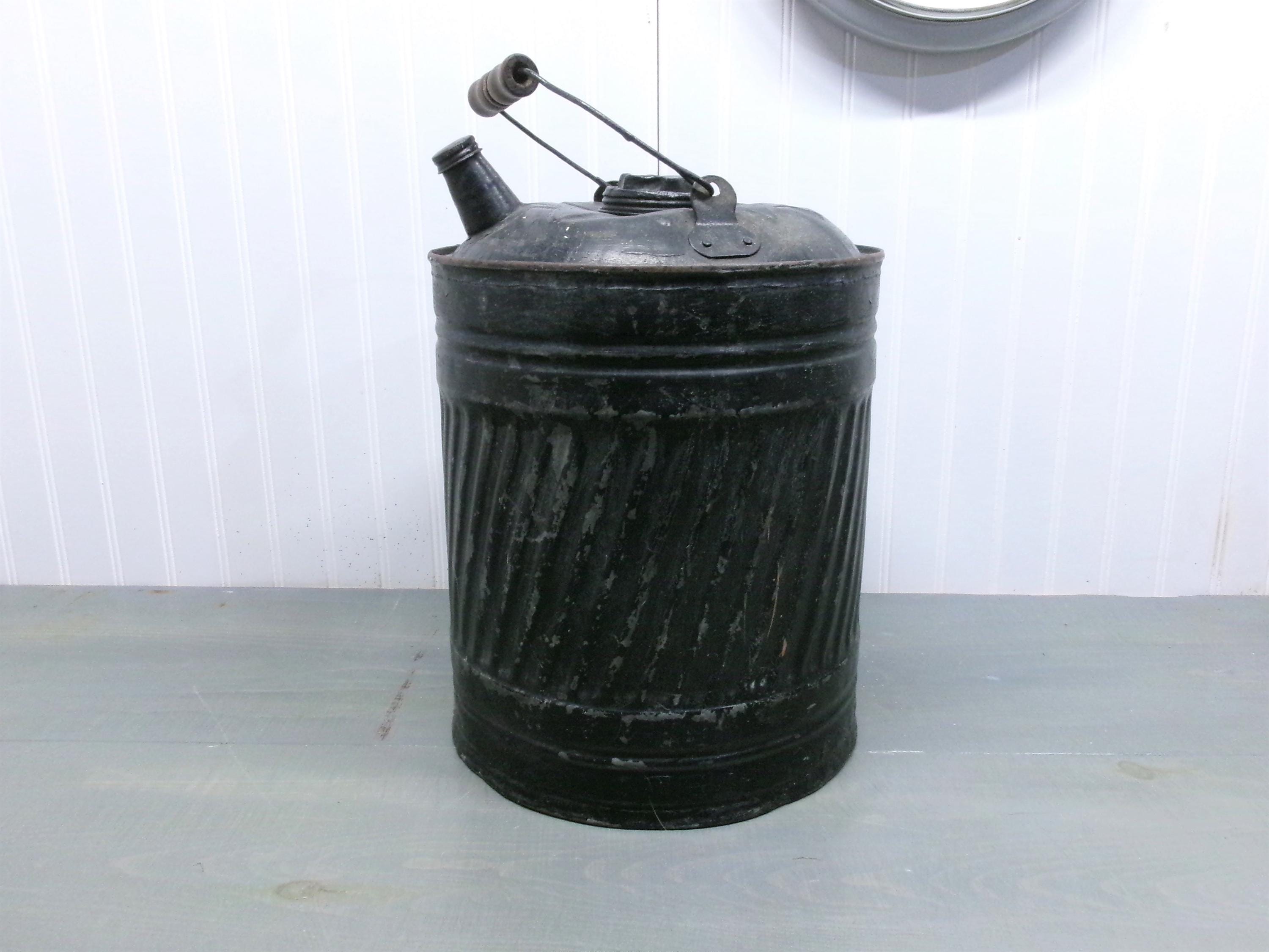 Vintage Old Metal Rustic Large Gas Oil Can Wooden Handle Black