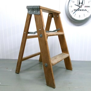 Vintage Small Wooden 2 Step Folding Ladder Plant Stand
