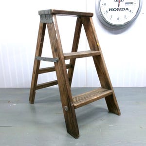 Vintage Small Wooden 2 Step Folding Ladder, Plant Stand, Display Shelf