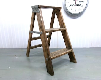 Vintage Small Wooden 2 Step Folding Ladder, Plant Stand, Display Shelf