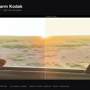 Puede incluir: Una pantalla dividida que muestra una vista panor&aacute;mica de un campo de hierba al atardecer. El lado izquierdo est&aacute; etiquetado como UNGRADED y el derecho como 08 Warm Kodak. El texto 08 Warm Kodak aparece arriba y abajo de la imagen.