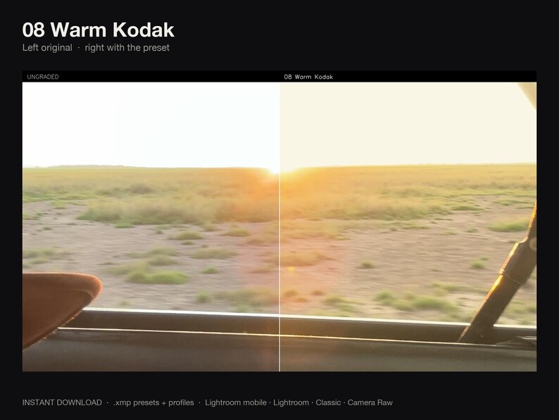 Puede incluir: Una pantalla dividida que muestra una vista panor&aacute;mica de un campo de hierba al atardecer. El lado izquierdo est&aacute; etiquetado como UNGRADED y el derecho como 08 Warm Kodak. El texto 08 Warm Kodak aparece arriba y abajo de la imagen.