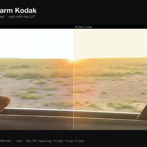 Puede incluir: Una pantalla dividida que muestra una vista de paisaje desde la ventana de un veh&iacute;culo. El lado izquierdo est&aacute; marcado como UNGRADED y el derecho como 08 Warm Kodak. El texto 08 Warm Kodak y Left ungraded - right with the LUT son visibles.
