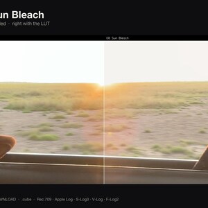 Puede incluir: Una pantalla dividida etiquetada como 06 Sun Bleach que muestra una vista de paisaje desde la ventana de un veh&iacute;culo. El lado izquierdo est&aacute; marcado como UNGRADED y el derecho muestra la imagen con el LUT aplicado, con un atardecer.