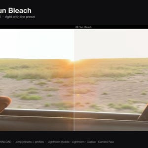 Puede incluir: Una pantalla dividida que muestra una vista del paisaje desde la ventana de un veh&iacute;culo. El lado izquierdo est&aacute; etiquetado como UNGRADED y el derecho como 06 Sun Bleach. La escena muestra un campo de hierba al atardecer.