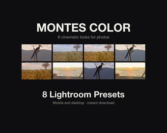 Puede incluir: MONTES COLOR 8 cinematic looks for photos. Una colección digital de 8 ajustes preestablecidos de Lightroom para móvil y escritorio. El gráfico muestra ocho imágenes variadas de paisajes y vida silvestre con aves y escenas de sabana.
