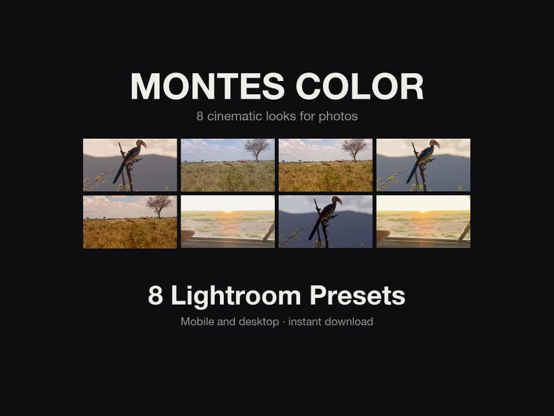 Puede incluir: MONTES COLOR 8 cinematic looks for photos. Una colecci&oacute;n digital de 8 ajustes preestablecidos de Lightroom para m&oacute;vil y escritorio. El gr&aacute;fico muestra ocho im&aacute;genes variadas de paisajes y vida silvestre con aves y escenas de sabana.