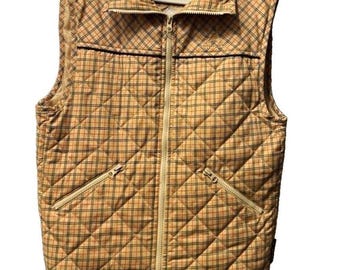 Colete feminino vintage acolchoado xadrez com zíper frontal na cor bege, tamanho P.