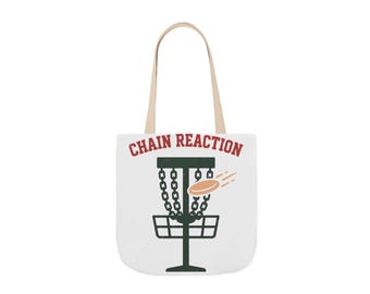 Sac fourre-tout de disc golf, jeu de mots avec « Chain Reaction », style rétro années 70, cadeau idéal pour les joueurs de disc golf et les amateurs de putters et de paniers.