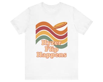 Camiseta de disc golf, camiseta divertida con juego de palabras "Hyzer Flip Happens", estampado retro de puesta de sol de los años 70, regalo para los jugadores de disc golf que aman el anhyzer.