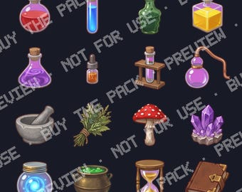 Fantasy Potion & Alchemy Icon Pack | 16 Transparent PNG Sprites (Digital Download)