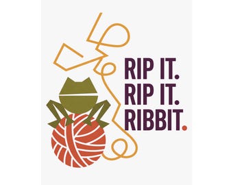Divertida lámina decorativa de punto para pared, póster "Rip It Ribbit Frogging", rana en ovillo de lana, decoración para habitación de ganchillo, regalo para tejedores