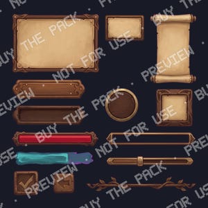 Parchment & Wood Fantasy UI Kit | 14 transparent PNG UI sprites in one hand-painted parchment and wood style: buttons, panels