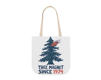 Linocut Style Disc Golf Tote Bag, Tree Magnet Since 1974, Canvas Gift for Grandpa