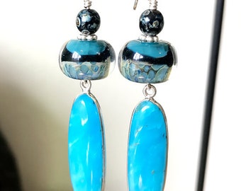 Blue boro lampwork and smithsonite drop earrings