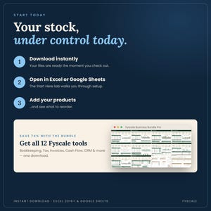 Instant download inventory tracker spreadsheet, start in 10 minutes. Also available in the Fyscale Small Business Spreadsheet Bundle with 12 tools