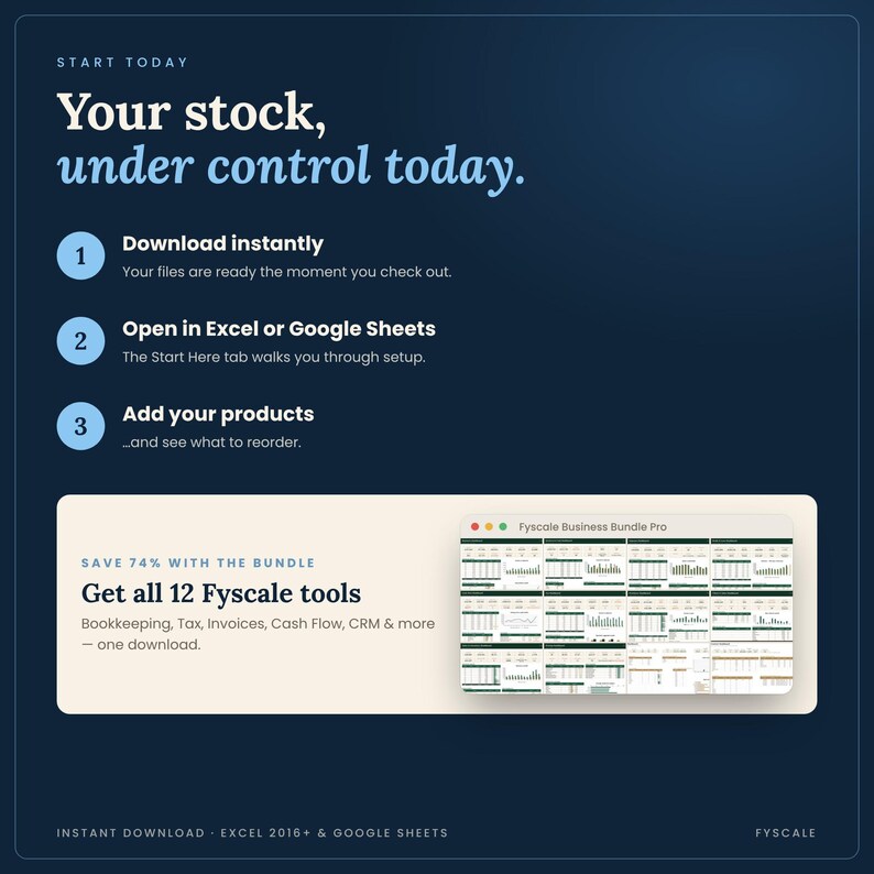 Instant download inventory tracker spreadsheet, start in 10 minutes. Also available in the Fyscale Small Business Spreadsheet Bundle with 12 tools