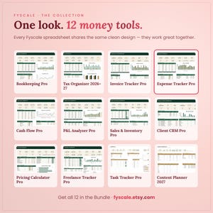 Fyscale collection of 12 small business spreadsheet templates – bookkeeping, tax, invoice, expense, cash flow, P&L, inventory, CRM, pricing, freelance, task and content planner.