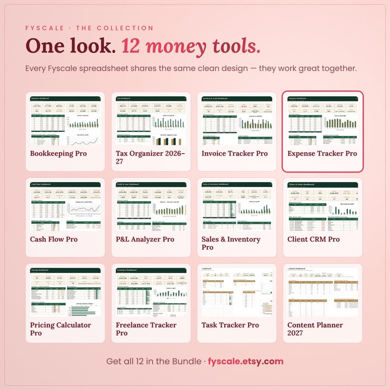 Fyscale collection of 12 small business spreadsheet templates – bookkeeping, tax, invoice, expense, cash flow, P&L, inventory, CRM, pricing, freelance, task and content planner.