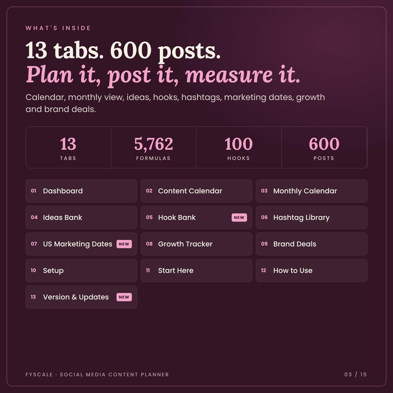 What's inside the social media content planner: screenshots of all 13 tabs, from content calendar and dashboard to reports, built for 2027 to 2029