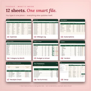 Inside the business expense tracker spreadsheet: 12 tabs including Expenses, Mileage Log, Subscriptions, Category by Month, Budget vs Actual, Vendors, Receipts Check, Tax Summary, Setup