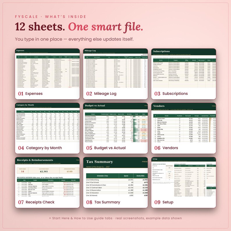 Inside the business expense tracker spreadsheet: 12 tabs including Expenses, Mileage Log, Subscriptions, Category by Month, Budget vs Actual, Vendors, Receipts Check, Tax Summary, Setup