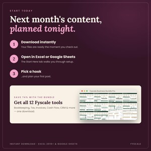 Instant download social media content planner, start in 10 minutes. Also available in the Fyscale Small Business Spreadsheet Bundle with 12 tools