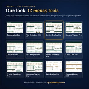 Fyscale collection of 12 small business spreadsheet templates – bookkeeping, tax, invoice, expense, cash flow, P&L, inventory, CRM, pricing, freelance, task and content planner.
