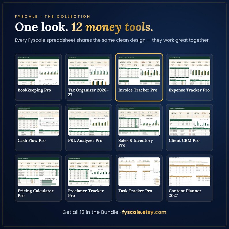 Fyscale collection of 12 small business spreadsheet templates – bookkeeping, tax, invoice, expense, cash flow, P&L, inventory, CRM, pricing, freelance, task and content planner.