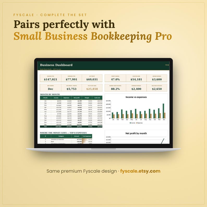 The self employed tax spreadsheet pairs perfectly with the Fyscale Small Business Bookkeeping Pro for a complete small business system