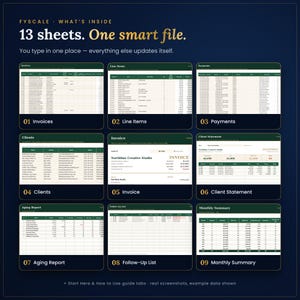 Inside the invoice tracker spreadsheet: 13 tabs including Invoices, Line Items, Payments, Clients, Invoice, Client Statement, Aging Report, Follow-Up List, Monthly Summary