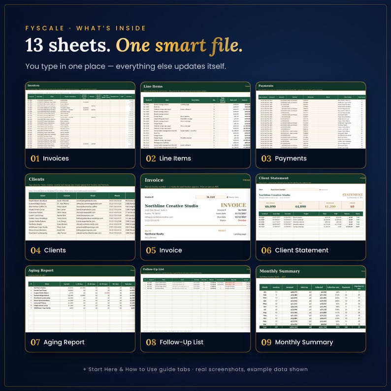 Inside the invoice tracker spreadsheet: 13 tabs including Invoices, Line Items, Payments, Clients, Invoice, Client Statement, Aging Report, Follow-Up List, Monthly Summary