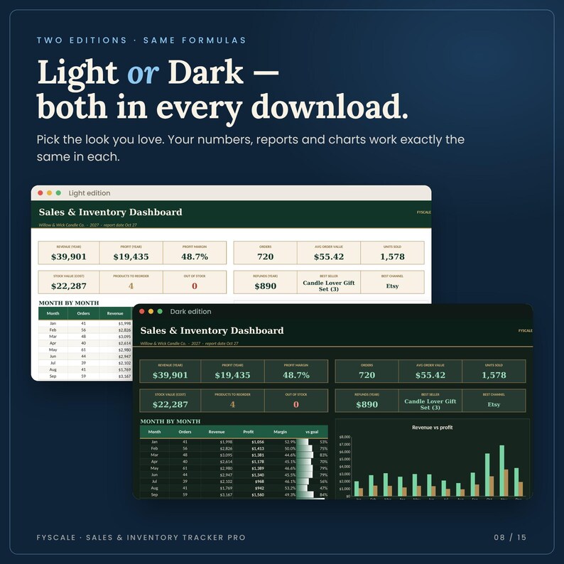 Light and Dark edition of the inventory tracker spreadsheet side by side: same formulas, choose the look you like in Google Sheets or Excel
