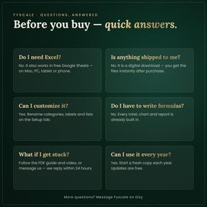 Small business bookkeeping spreadsheet FAQ – works in free Google Sheets and Excel on Mac and PC, instant digital download, customizable Setup tab, no formulas to write.