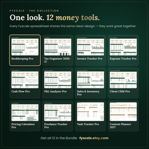 Fyscale collection of 12 small business spreadsheet templates – bookkeeping, tax, invoice, expense, cash flow, P&L, inventory, CRM, pricing, freelance, task and content planner.