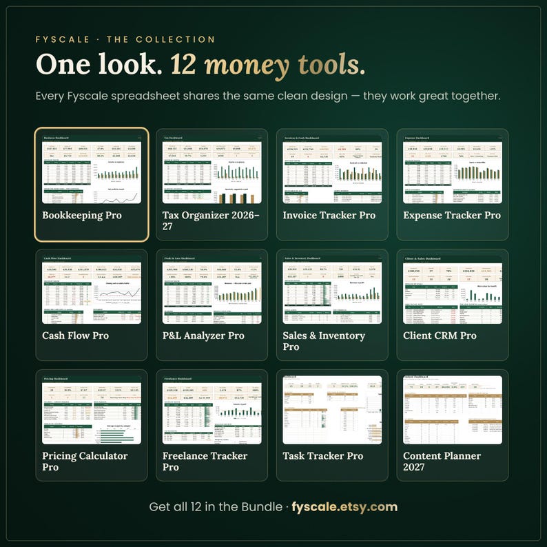 Fyscale collection of 12 small business spreadsheet templates – bookkeeping, tax, invoice, expense, cash flow, P&L, inventory, CRM, pricing, freelance, task and content planner.