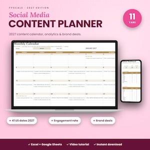 Social Media Planner 2027, Content Calendar Template, Content Planner, Instagram TikTok, Google Sheets Excel