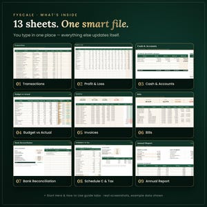 Inside the small business bookkeeping spreadsheet: 13 tabs including Transactions, Profit & Loss, Cash & Accounts, Budget vs Actual, Invoices, Bills, Bank Reconciliation, Schedule C & Tax, Annual Report