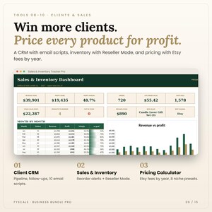 Tools 08 to 10 in the small business spreadsheet bundle: client CRM, sales and inventory tracker and pricing calculator. Win clients and price for profit