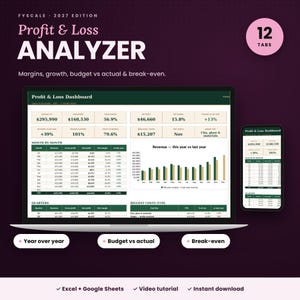 Fyscale Profit & Loss Analyzer Pro – profit and loss spreadsheet 2027 for Excel and Google Sheets with 12 tabs, shown on laptop, tablet and phone
