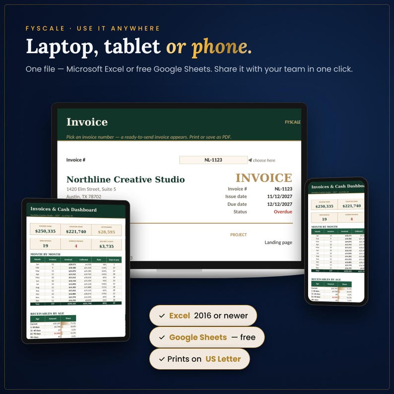 The invoice tracker spreadsheet works in Microsoft Excel and free Google Sheets on laptop, tablet and phone, with instant digital download