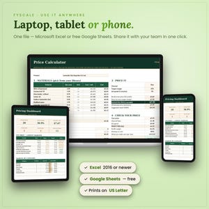 The product pricing calculator spreadsheet works in Microsoft Excel and free Google Sheets on laptop, tablet and phone, with instant digital download