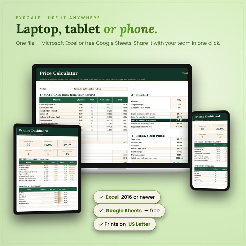 The product pricing calculator spreadsheet works in Microsoft Excel and free Google Sheets on laptop, tablet and phone, with instant digital download