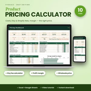 Fyscale Product Pricing Calculator Pro – product pricing calculator spreadsheet for Excel and Google Sheets with 10 tabs, shown on laptop, tablet and phone