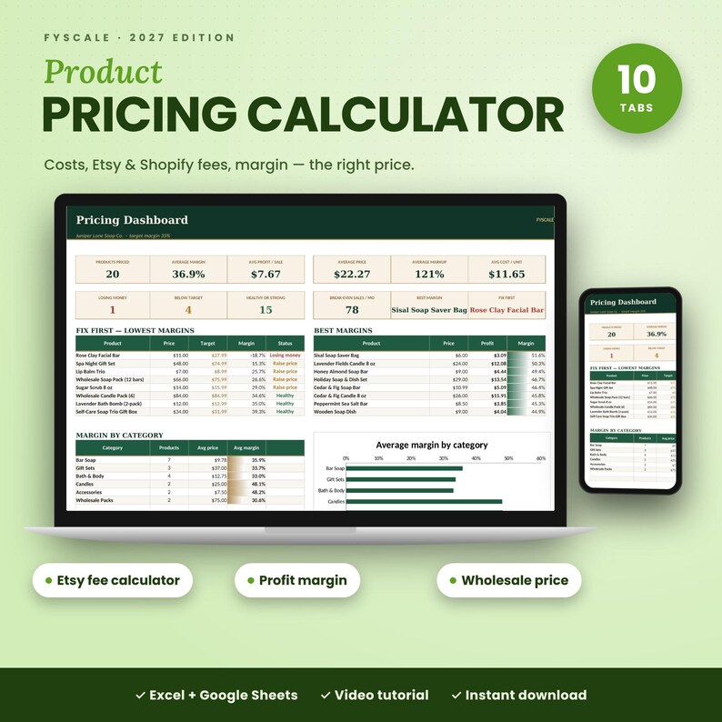 Fyscale Product Pricing Calculator Pro – product pricing calculator spreadsheet for Excel and Google Sheets with 10 tabs, shown on laptop, tablet and phone