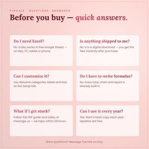 Business expense tracker spreadsheet FAQ – works in free Google Sheets and Excel on Mac and PC, instant digital download, customizable Setup tab, no formulas to write.