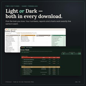 Light and Dark edition of the task tracker spreadsheet side by side: same formulas, choose the look you like in Google Sheets or Excel