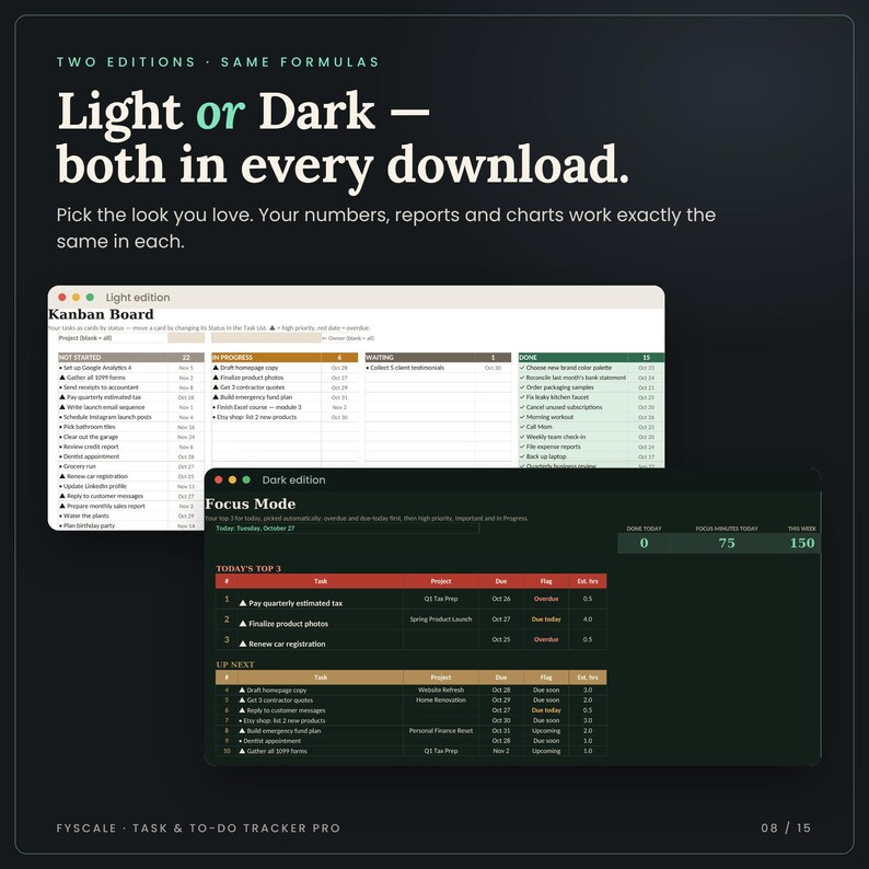 Light and Dark edition of the task tracker spreadsheet side by side: same formulas, choose the look you like in Google Sheets or Excel