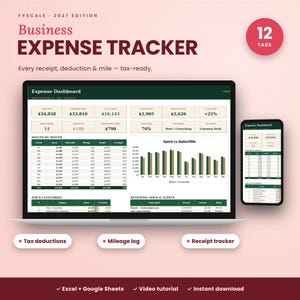 Business Expense Tracker Spreadsheet 2027, Tax Deduction Tracker, Receipt Log, Mileage Log, Google Sheets Excel
