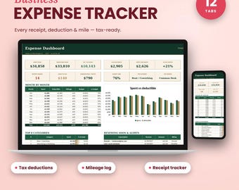 Business Expense Tracker Spreadsheet 2027, Tax Deduction Tracker, Receipt Log, Mileage Log, Google Sheets Excel